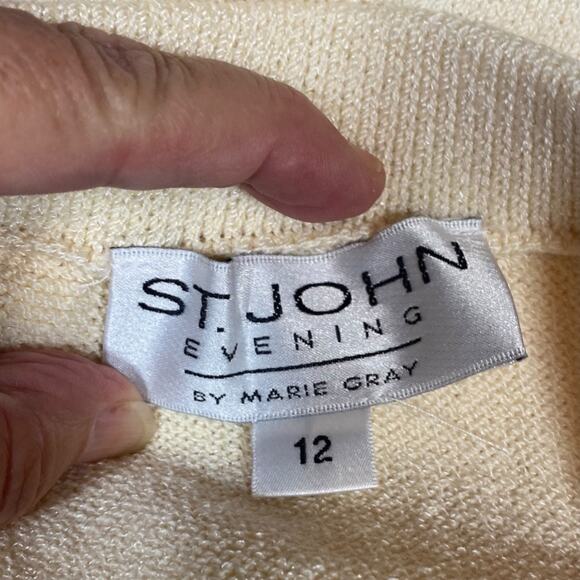 St John Evening Knit Cream Multi Shimmer Jacket Zip Front Skirt Suit Size 10 12 - Picture 14 of 16